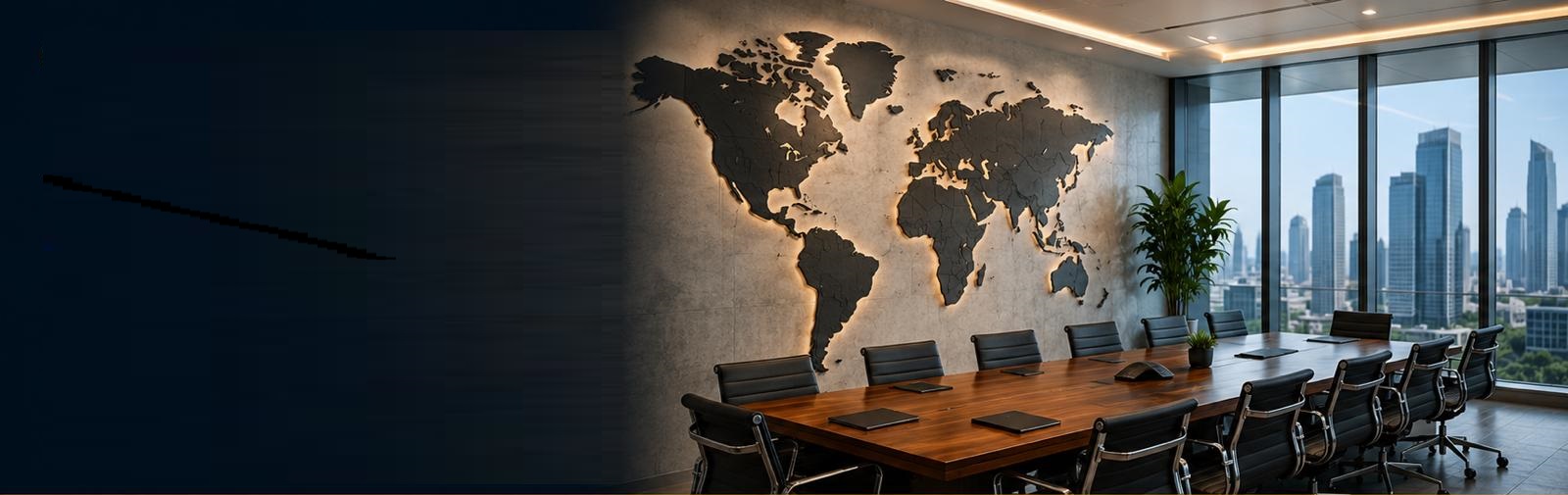 Gravixline boardroom with an illuminated world map wall representing the global sourcing network