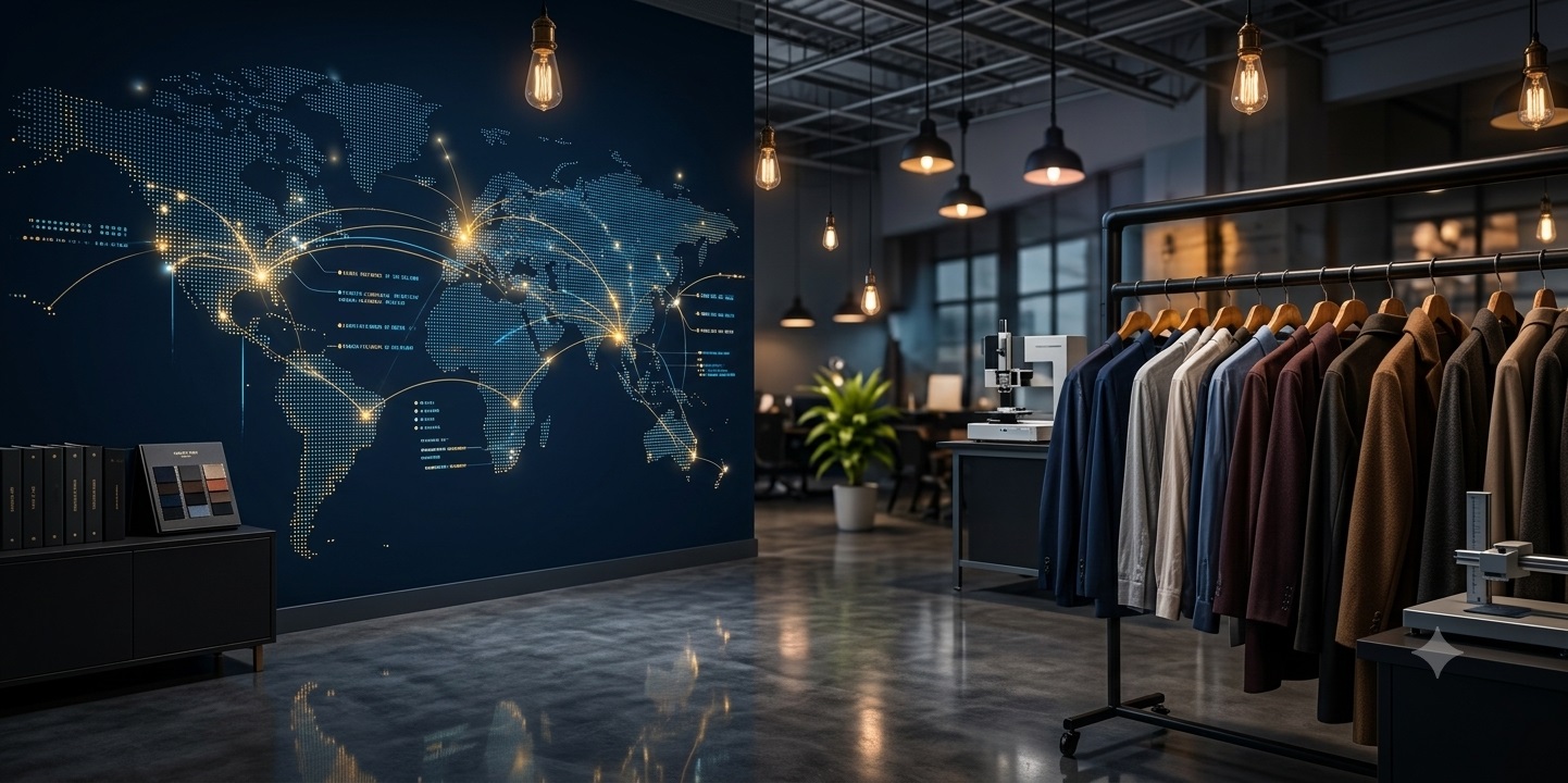 Gravixline studio wall showing a global sourcing network map beside a rack of finished garments