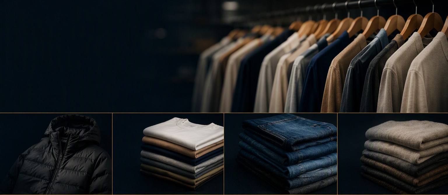 Rack of finished garments beside folded outerwear, tops, denim and knitwear samples